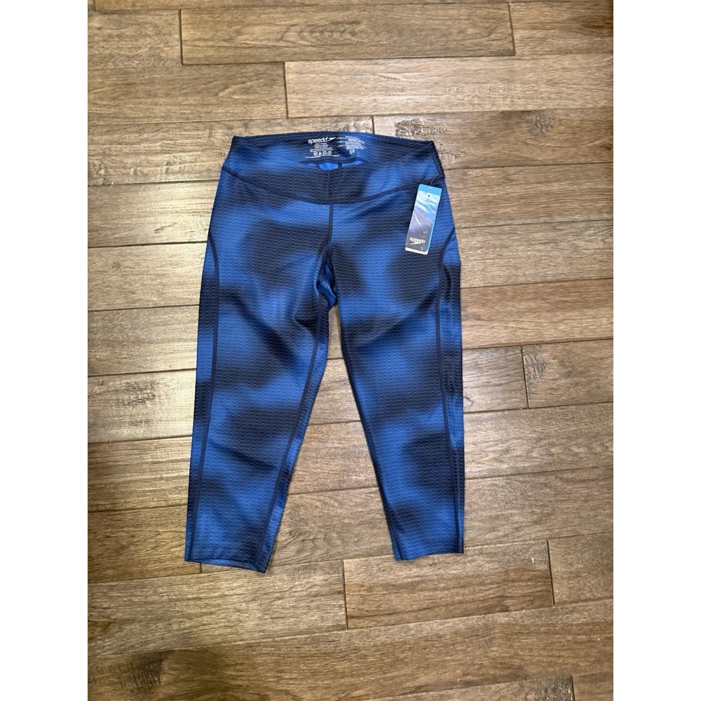 Speedo Capri Leggings Womens Small Blue Black Chevron Wave Swim Training Tights